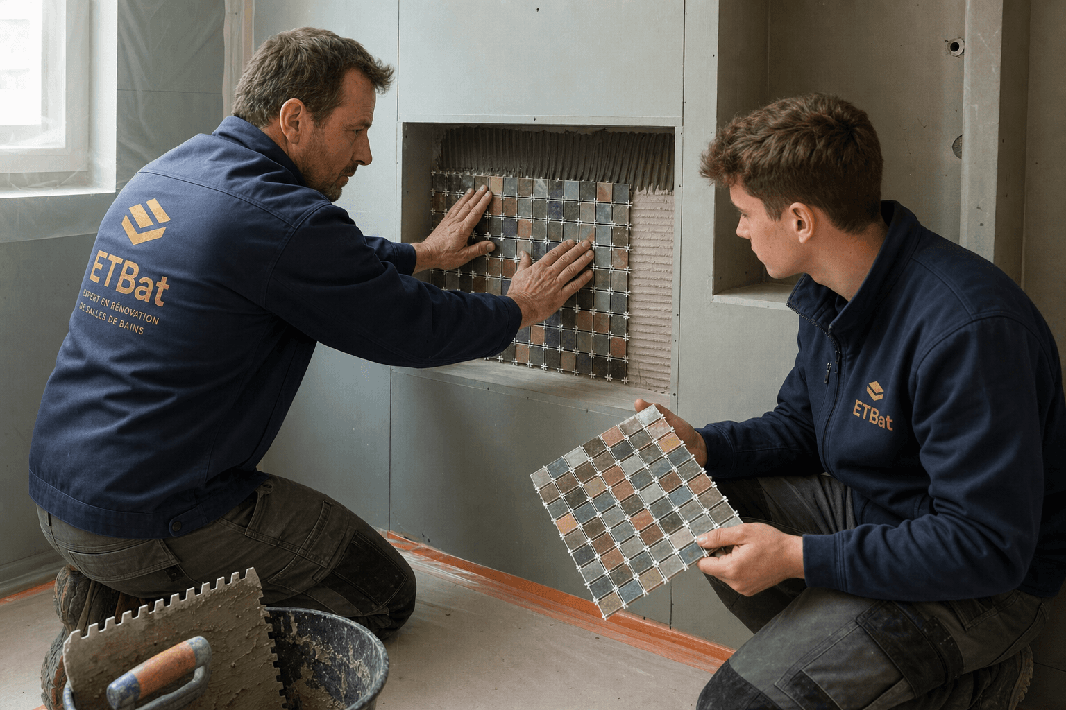 Pose de mosaïque — pâte de verre et pierre naturelle