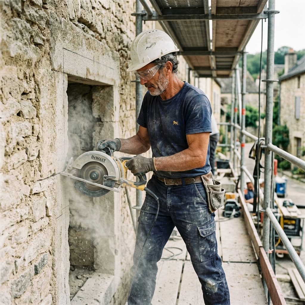 Ouverture de baie en façade dans un mur porteur en pierre