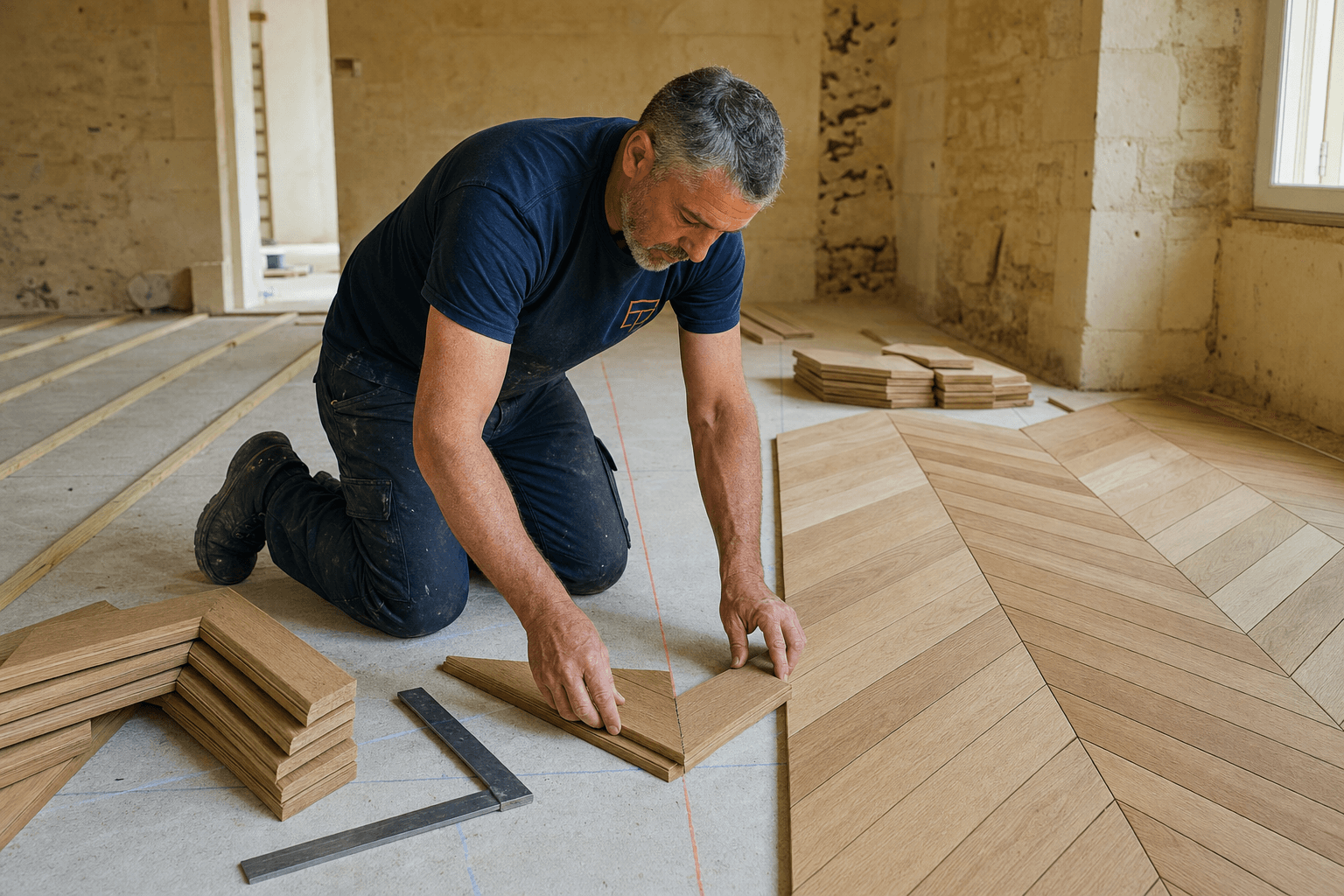 Pose de parquet en point de Hongrie ou bâtons rompus