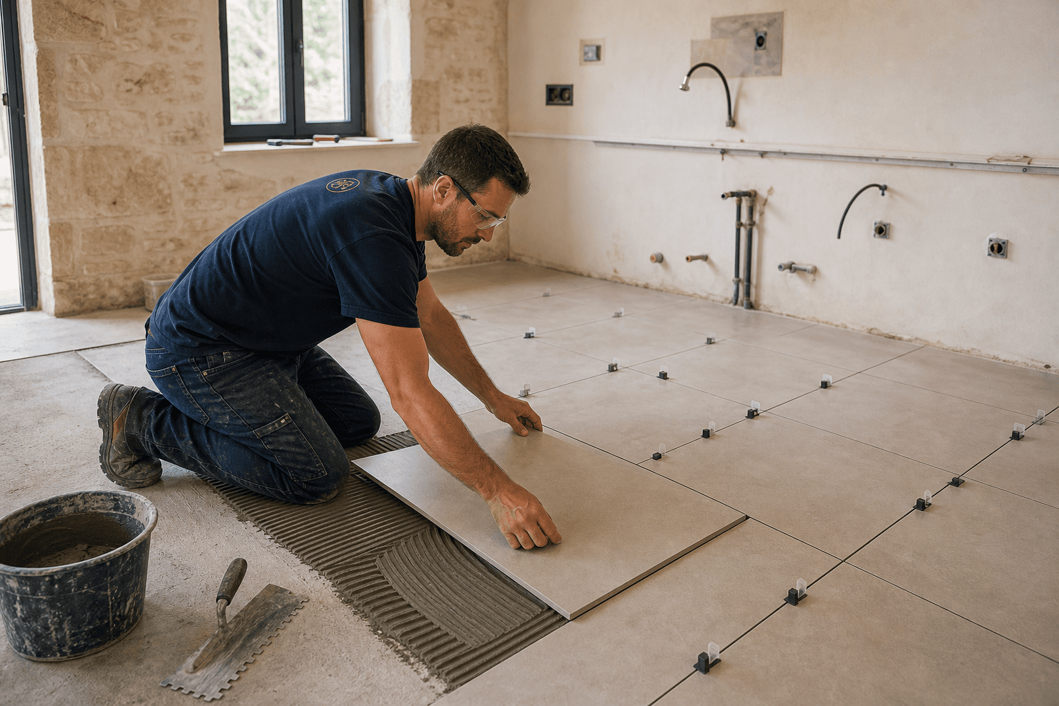 Carrelage de cuisine — sol, crédence et plan de travail