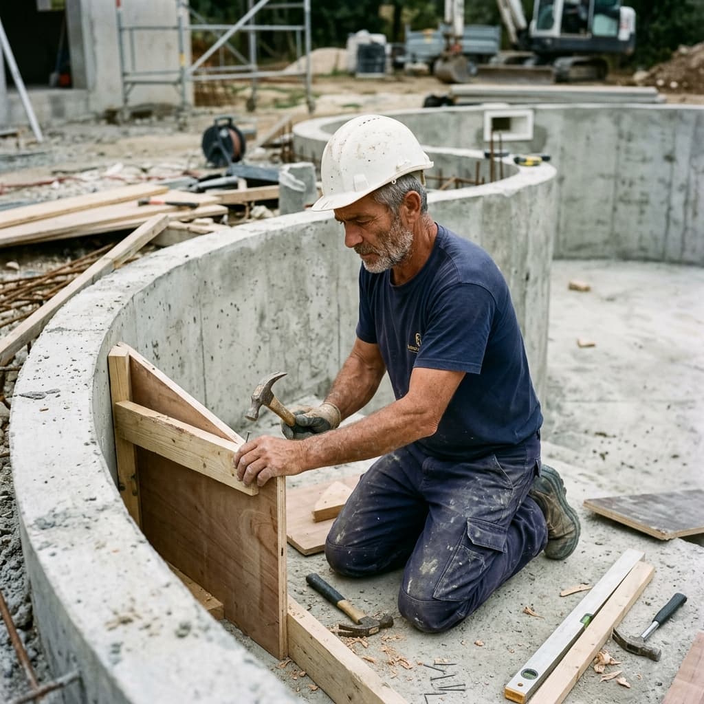Construction escalier d'accès piscine béton